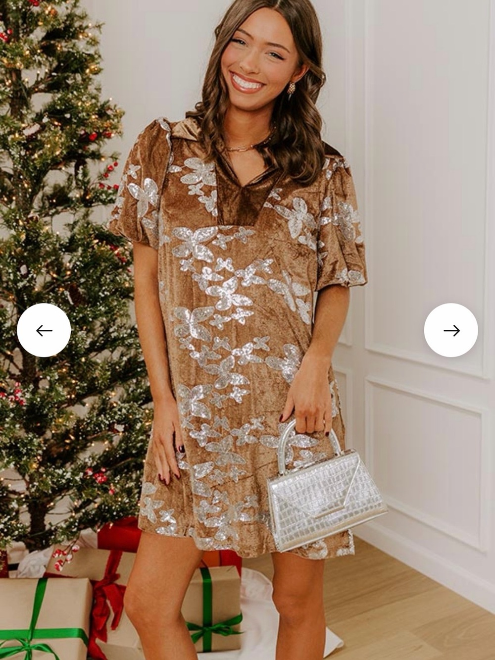 Voy Velvet Sequin Floral Midi Dress in Brown